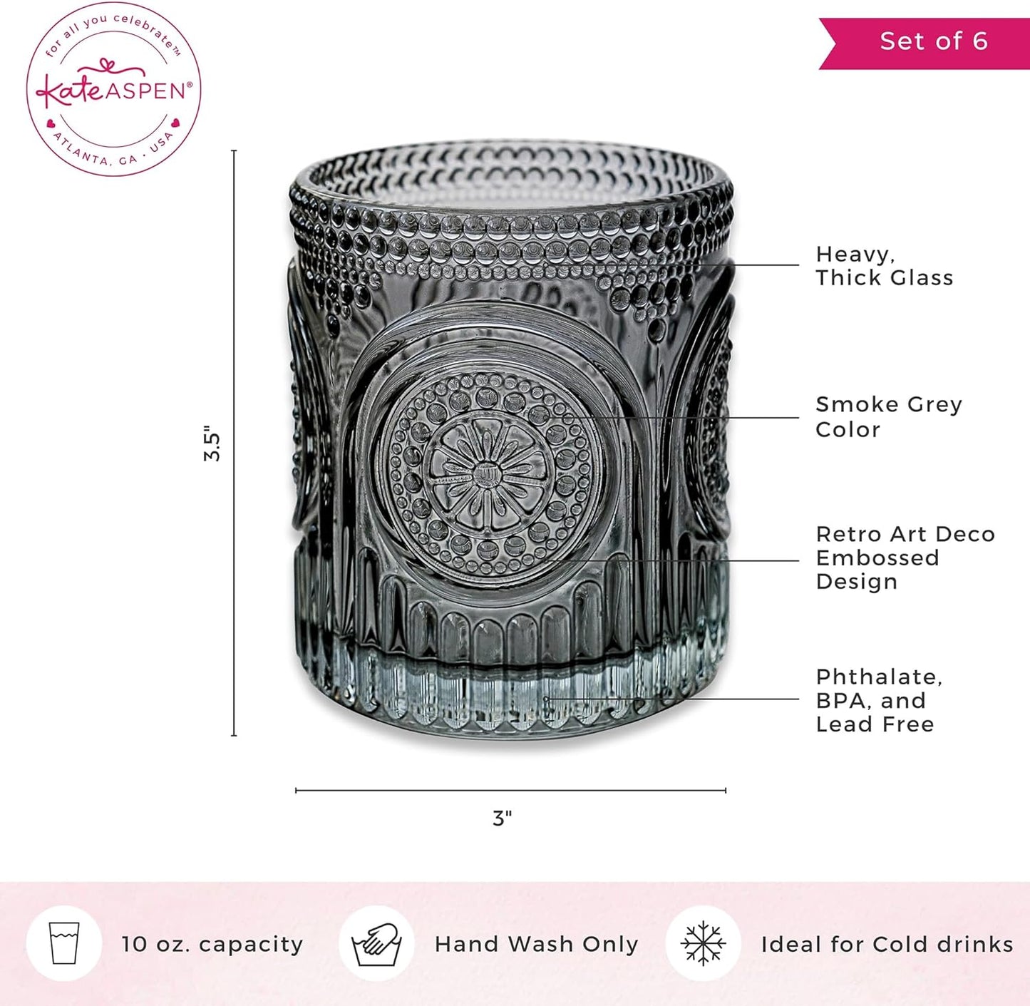 Kate Aspen Ribbed Retro Arch Floral Smoke Grey Drinking Glasses Set of 6, (10 oz) Vintage Glassware Set Cocktail Glass Set, Juice Glass, Water Cups | Hostess Gift & Present for New Home Owners