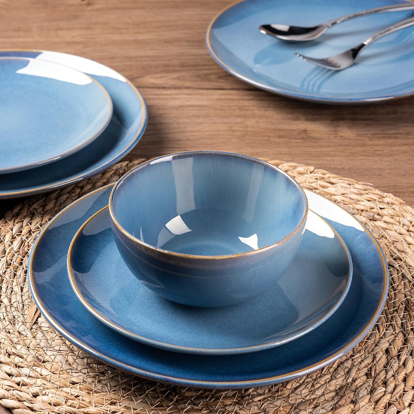GBHOME Ceramic Dinnerware Sets for 4, 12 Pieces Stoneware Plates and Bowls Sets, Reactive Glaze Dishes -Scratch Resistant, Dishwasher&Microwave Safe-Alaskan Blue