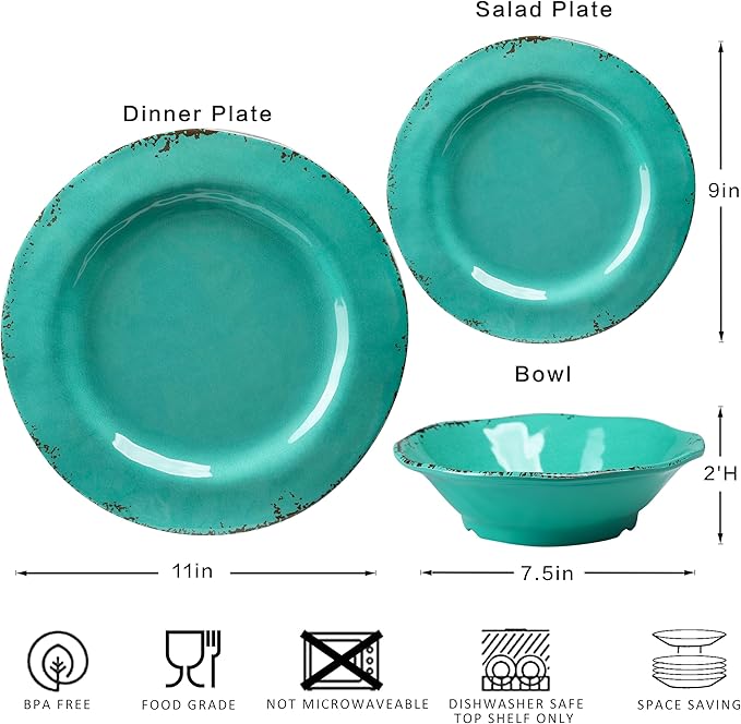 18-Piece Farmhouse Melamine Dinnerware Set - Shatterproof, Lightweight, and Durable Outdoor Dining Plates, Bowls, and Serving Dishes for Everyday Use, Camping, and Picnics, Light Green