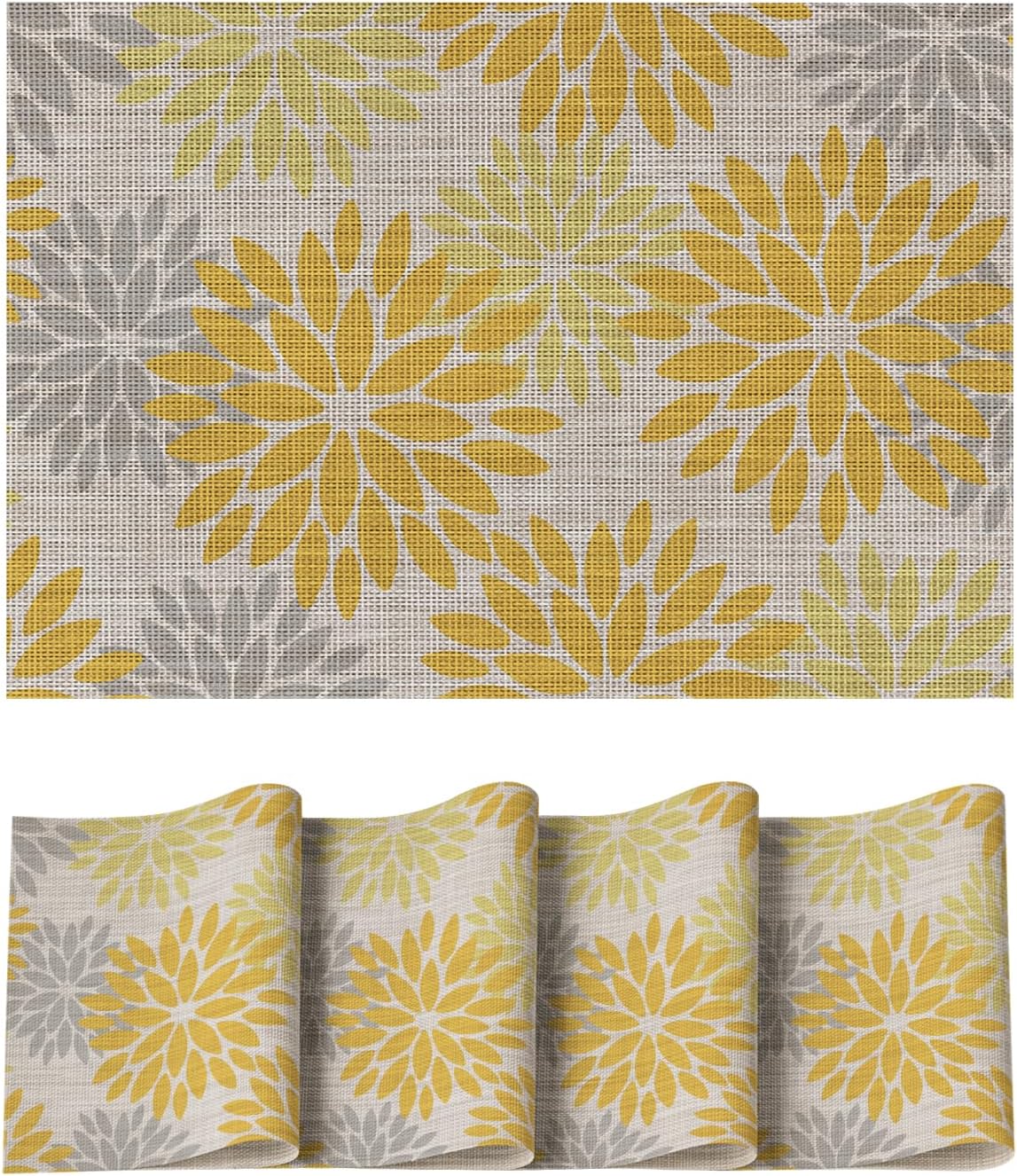 Artoid Mode Floral Plastic Placemats Set of 4, 12x18 Inch Washable Non-Slip Plastic Vinyl Place Mats for Party Kitchen Dining Decor, Yellow