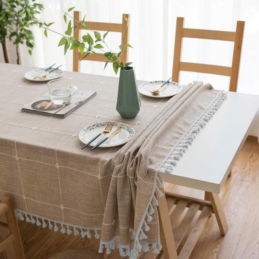 Oubonun Cotton Linen Rectangular Tablecloth - Wrinkle Resistant & Waterproof - Machine Washable Table Cloth with Tassels for Kitchen & Dining, 55''x102'', 8-10 Seats