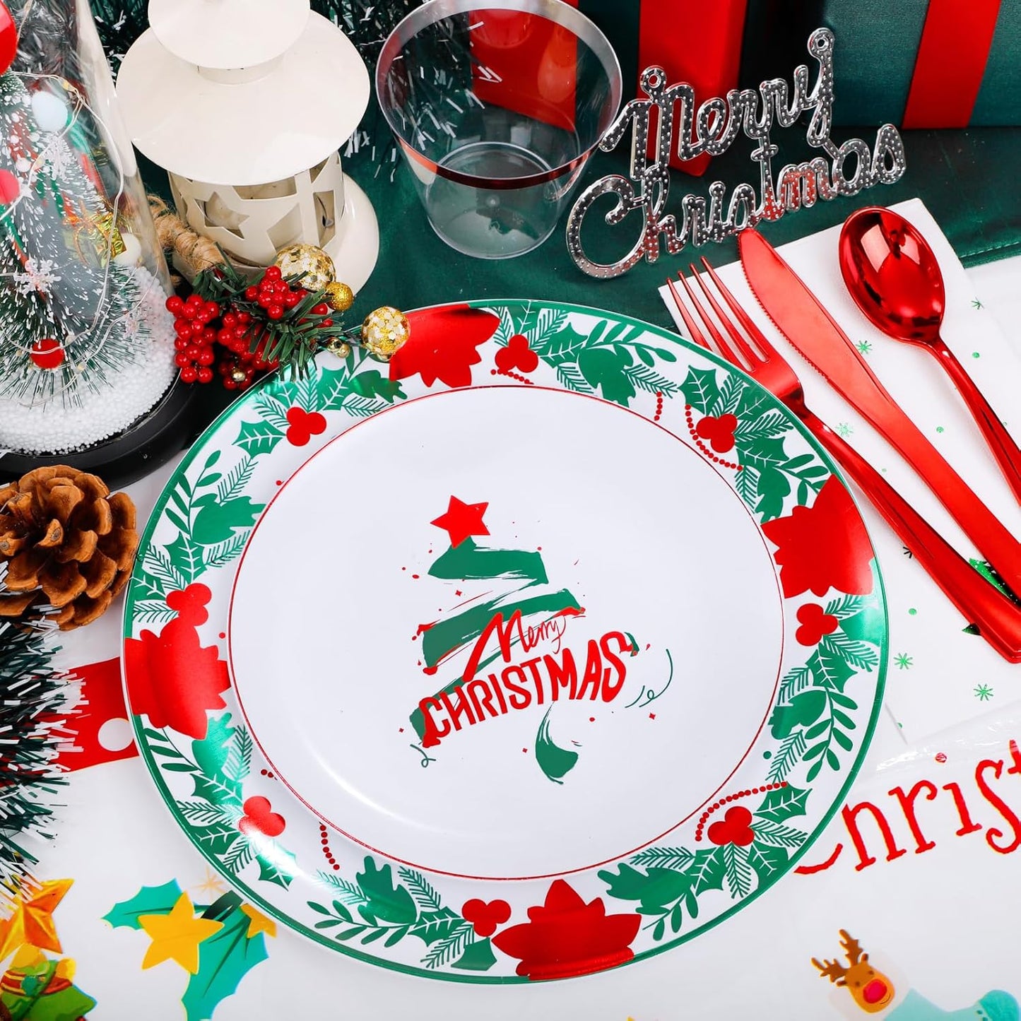 GATHER 176 Pieces of Christmas Plates - Disposable Plastic Dinnerware Set - Christmas Tree Includes 50 Plates 75 Plastic Silver Cutlery 25 Cups 25 Napkins and Tablecloths