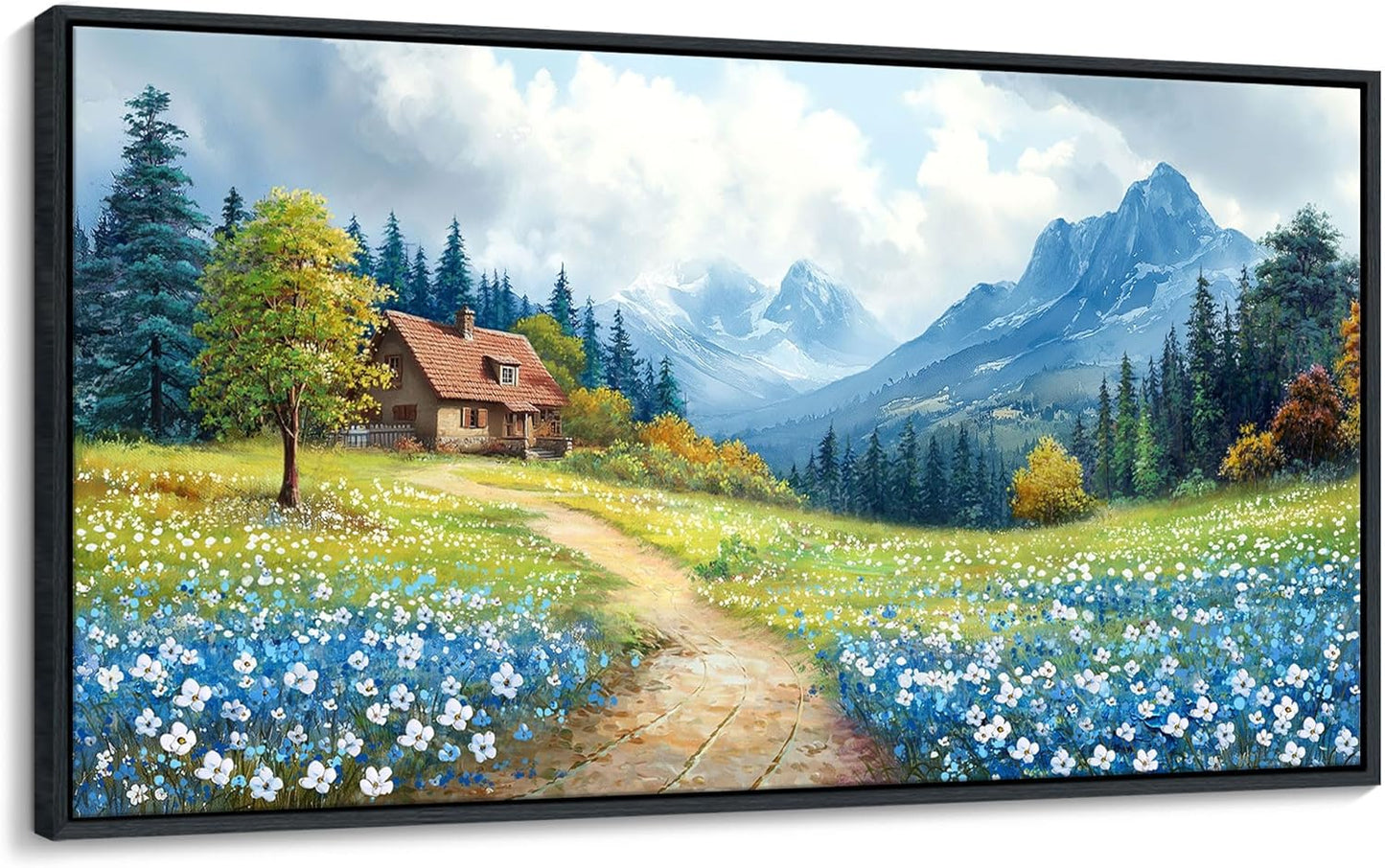 CHATYOUNG Framed Canvas Wall Art Paintings, Blue Misty Mountains Country Cottage White Flowers Spring Landscape Wall Pictures Large 20"X40" for Living Room Bedroom Bathroom Home Decor Gift