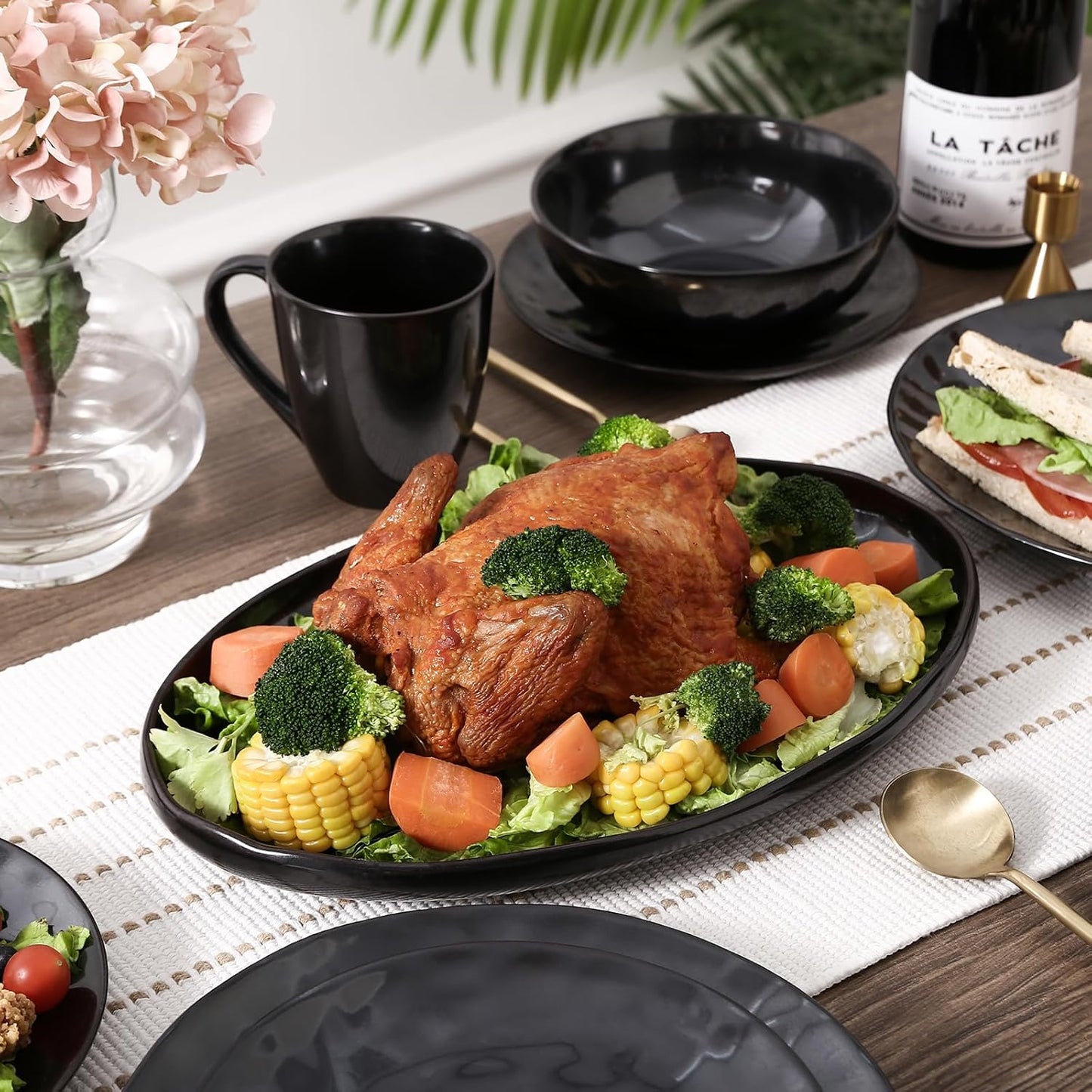 vicrays Serving Platter Ceramic Tray Plates Extra Large Oval 14.5 Inch Porcelain Dinner Plates Long Serving Dish Set Entertaining Party Restaurant Food Meat Sushi Fish Turkey Platter - Black