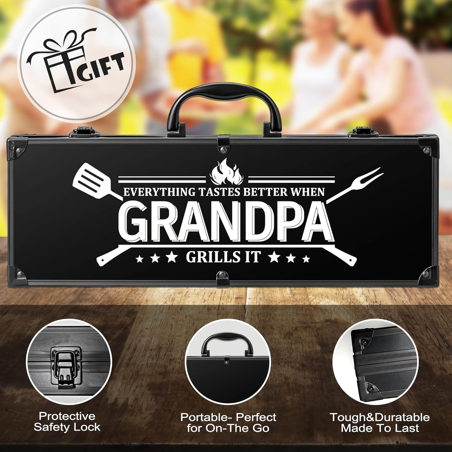 Grandpa Gifts from Grandkids, Grilling Accessories, Heavy Duty Stainless Steel BBQ Grill Tools for Outdoor Grill with Aluminum Case, Grandpa Grill Utensils Ideal Christmas Grilling Gift (Black)