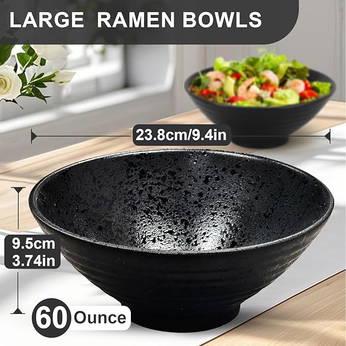 9.4Inch Ceramic Ramen Bowl Set of 4 (17 Piece) - Porcelain Japanese Salad Noodles Cereal Fruit Pasta Soup Large Bowls with Recipes Chopsticks Forks Spoons for Men Women Gift Microwave Dishwasher Safe