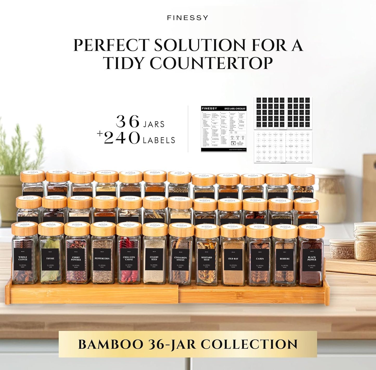 Glass Spice Jars with Label with Bamboo Lids 36 Pack Black Labels Set, 4oz Clear Empty Bottles Seasoning Organizer Jars with Shaker Lids, Small Square Airtight Spice Seasoning Containers Herb Storage