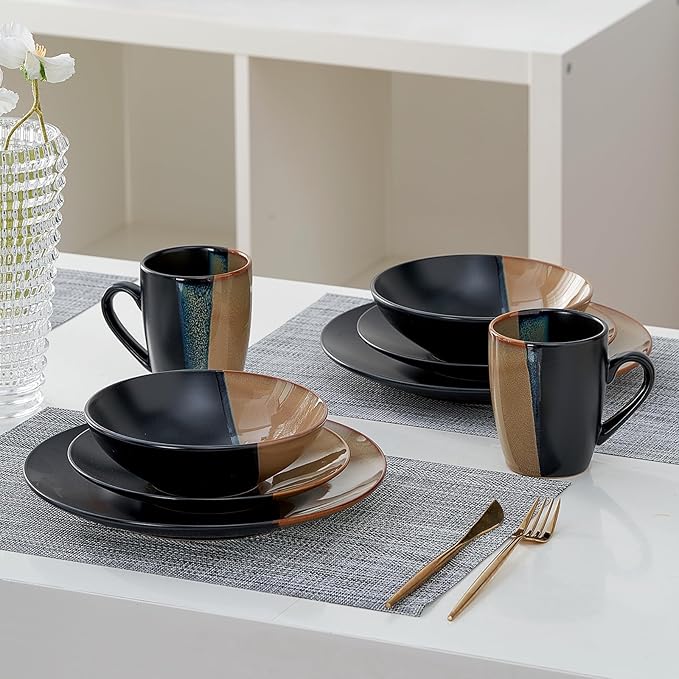 Beston Stoneware Dinnerware Sets Service for 4, 16 pcs Reactive Glaze Plates and Bowls Sets, Handmade Ceramic Dish Set, Highly Chip and Crack Resistant Modern Plate Set, Brown and Black