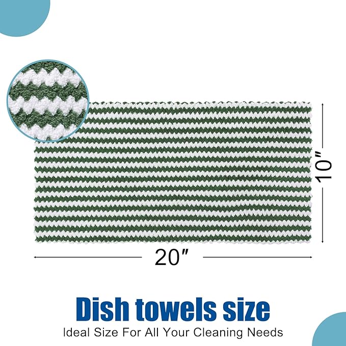 Homaxy Kitchen Towels(12 Pack, 10 x 20 inches), Ultra Soft and Absorbent Dish Towels, Reusable Fast Drying Microfiber Cleaning Cloth, Coral Velvet Wave Design No-lint, Grass Green