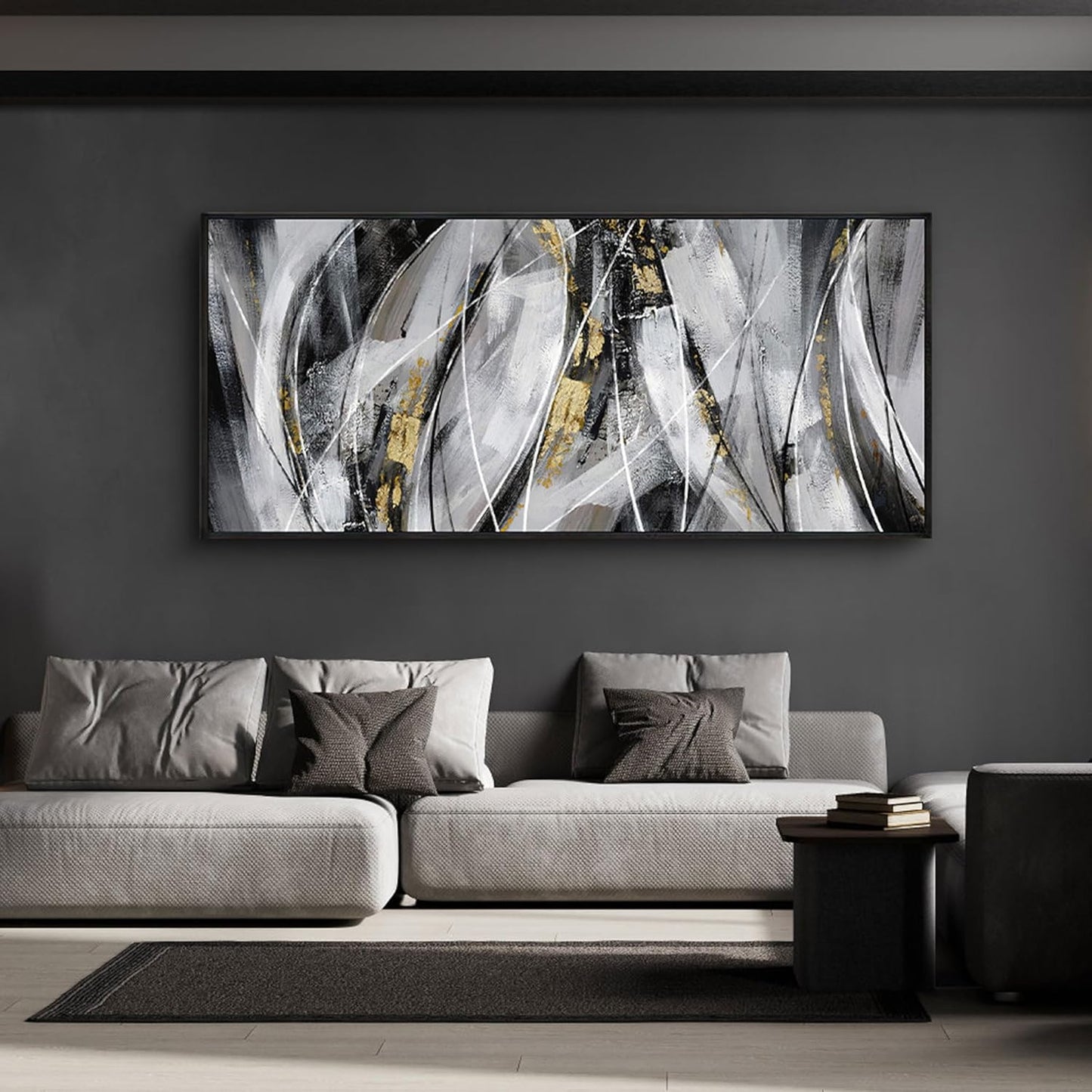 KLAKLA Abstract Frame Wall Art - Black and White Picture for Living Room Black and Gold Framed Artwork Canvas Art Work for Office Home Decor Bedroom Wall Decoration - 70x31 Inches