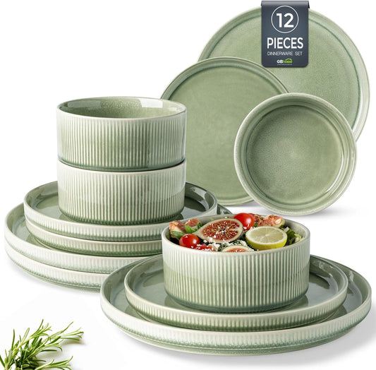 GBHOME Stoneware Dinnerware Sets for 4,Round Reactive Glaze Ceramic Plates and Bowls Set,Highly Scratch Resistant| Dishwasher & Microwave Safe Dishes Set,Service for 4(12Pcs)
