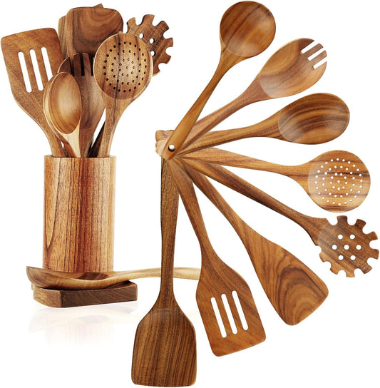 FJNATINH Wooden Spoons for Cooking, 10 Pcs Teak Wooden Cooking Utensil Set with Holder, Wooden Kitchen Utensils Set for Nonstick Pans & Cookware