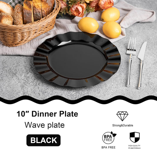 72 Pack Black Plastic Plates, 10" Disposable Wave Dinner Plates Elegant Heavy Duty Serving Dishes for Party, Wedding, Thanksgiving, Christmas
