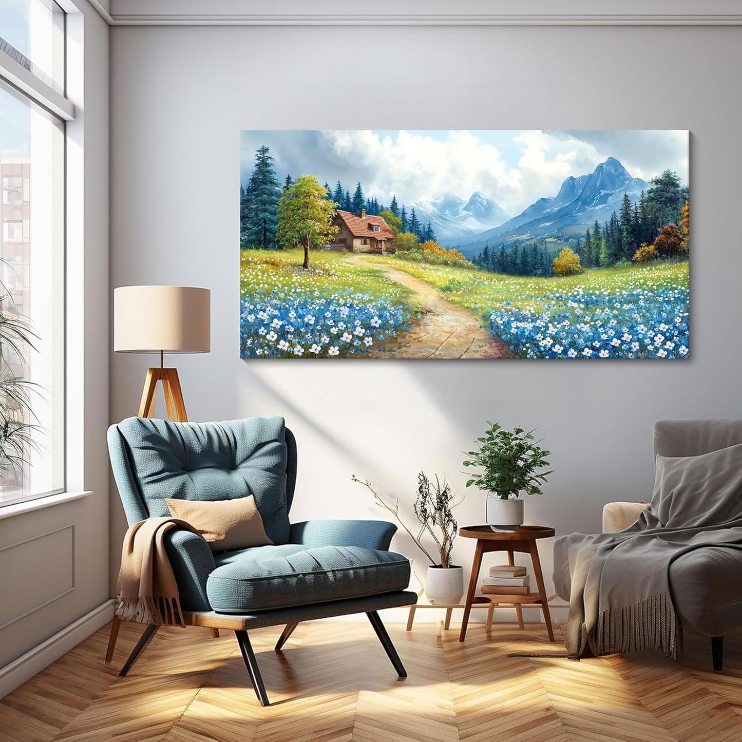 CHATYOUNG Canvas Wall Art Landscape Paintings, Blue Misty Mountains and Wild Flowers Rustic Prints Wall Pictures Large Size 24"X48" for Living Room Bedroom Bathroom Home Decor Gift