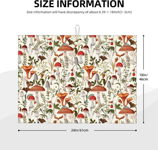 Boho Mushroom Decor Microfiber Dish Drying Mat for Kitchen Counter 18"x24" Botanic Plant Beige Dishes Pad Dish Drainer Rack Mats Washable Absorbent Fast Dry