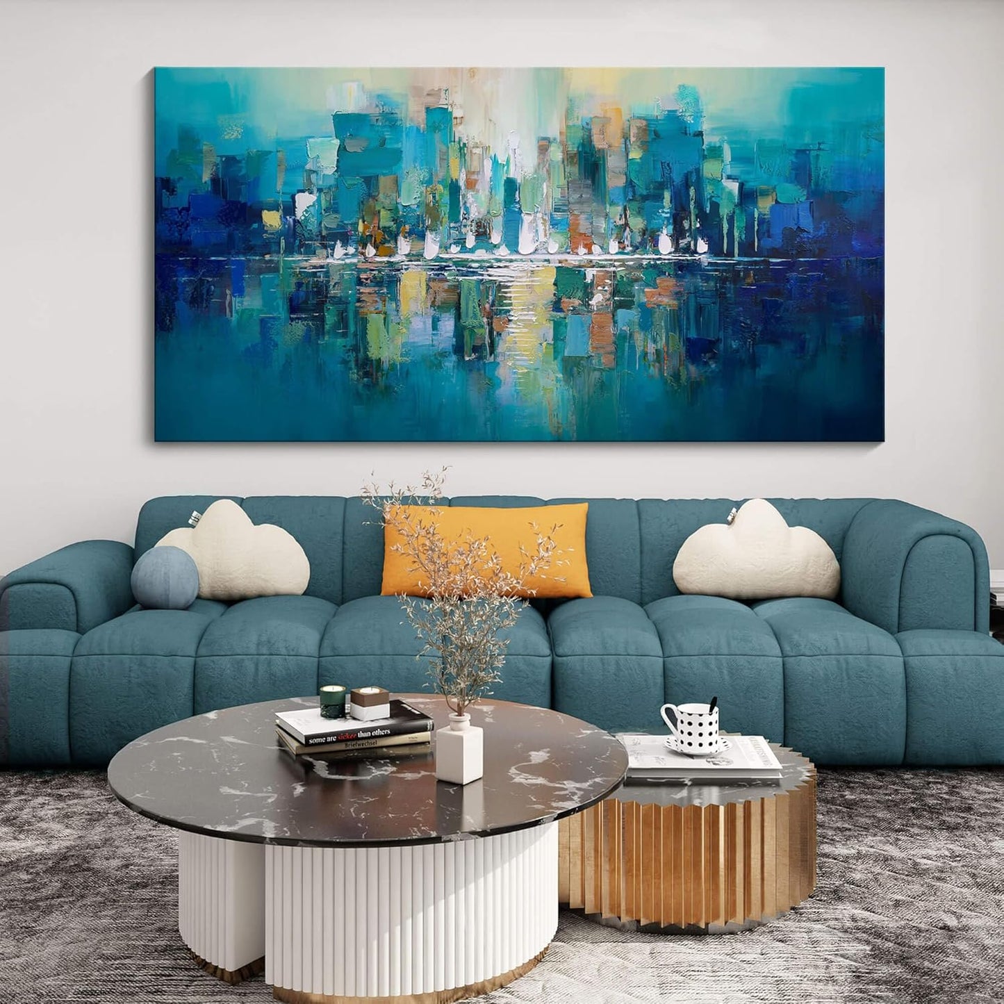 YDYSUNE Large Canvas Wall Art for Living Room - Abstract Wall Decor City View Framed Picture Artwork for Decorative Paintings Teal and White Modern Office Bedroom Art Size 29x58inch