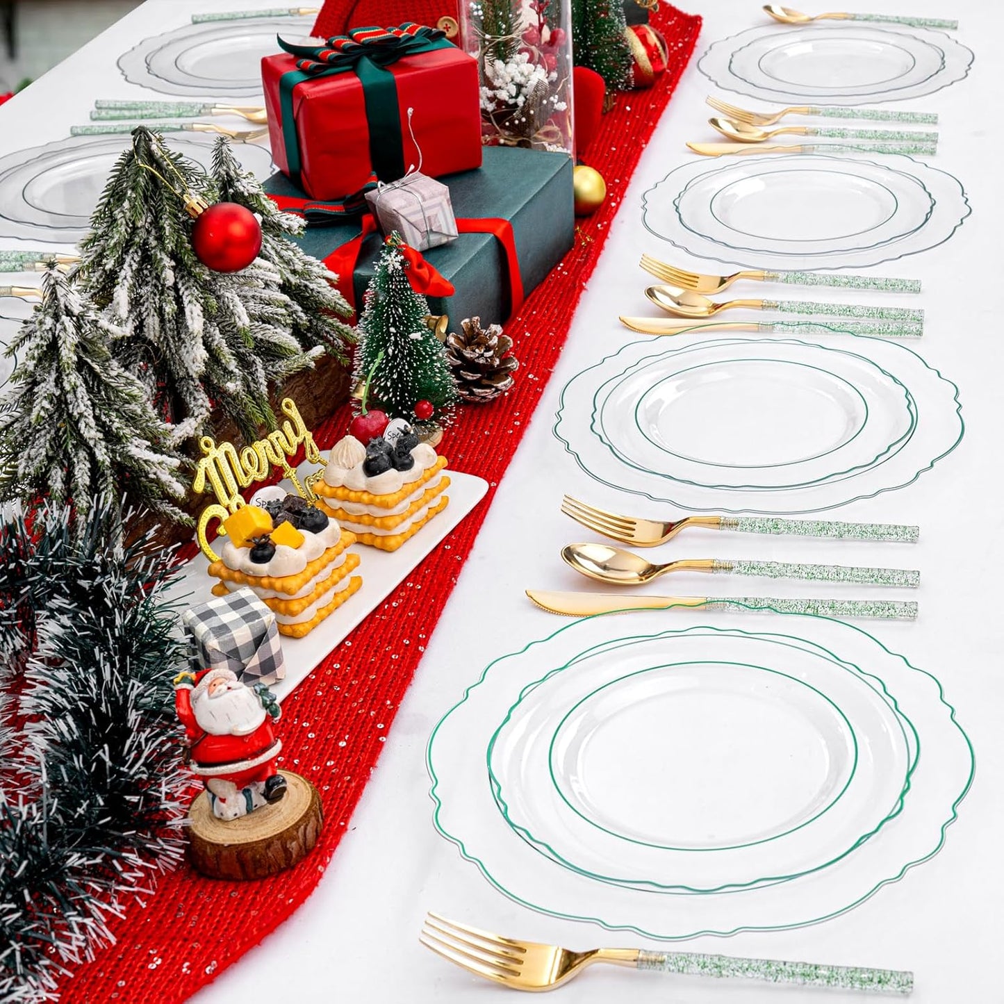 Liacere 150PCS Clear and Green Plastic Plates - Disposable Plates with Glitter Bamboo Handle Cutlery - 60 Baroque Elegant Plates,30Forks,30Spoons,30Knives for Christmas