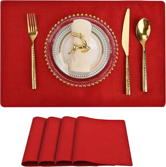 SLKQG Red Linen-Look Fabric Placemats Set of 4, Heat Resistant & Machine Washable Double-Layered Cloth Placemats for Dining Table, Indoor/Outdoor Use, Non-Slip Kitchen Table Mats (4, Bright Red)