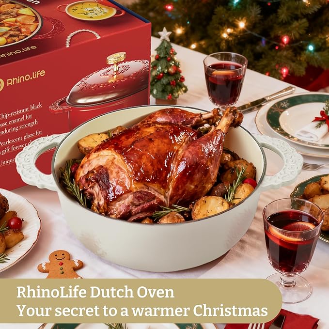 6 Quart Chip-resistant Enameled Cast Iron Dutch Oven Pot with Lid and Elegant Gold Hollow Knob With Handcrafted Inlaid Cubic Zirconia Detail, Safe For Bake,Stew, Braise, Boil, Deep Fry, Roast (White)