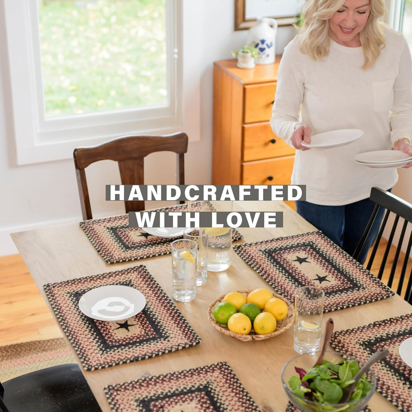 Homespice Primitive Star Gloucester Jute Woven Placemats, Warm Primitive Decor, Set of 4, Black and Red 13x19 Rectangle Table Mats - Vibrant Colors, Durable, Easy to Clean and Protects Furniture