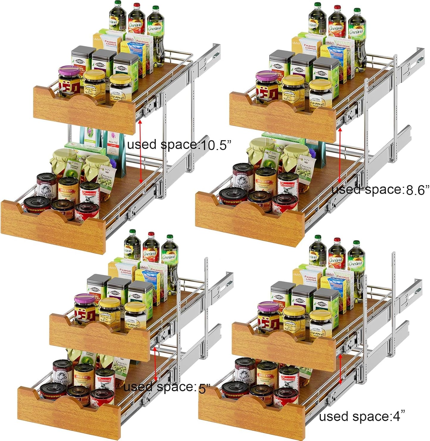 DINDON 2 Tier Pull Out Cabinet Organizer (14" W x 21" D) Slide Out Wood Shelf Double Tier Kitchen Wire Basket with Chrome Finish…