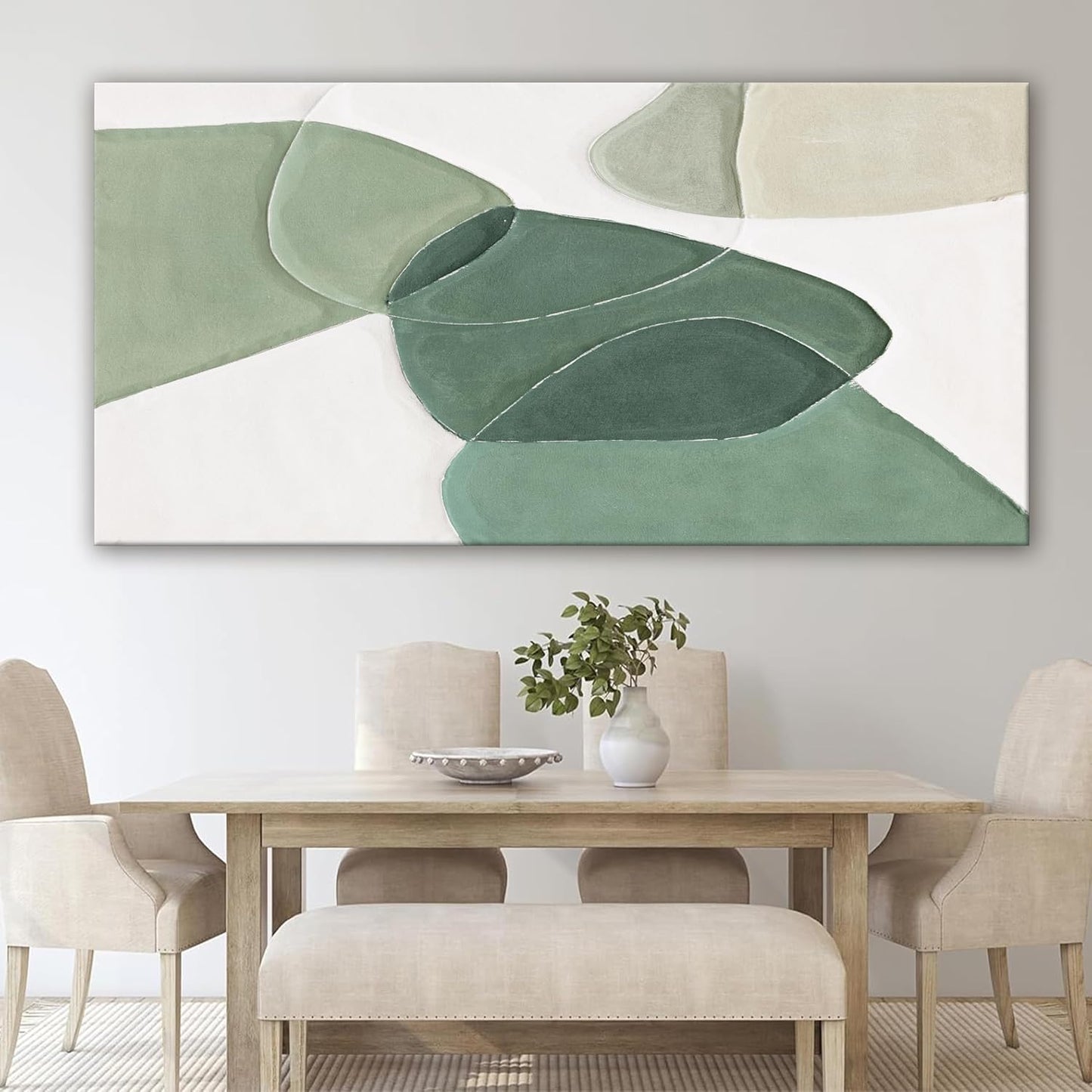 QSQ Modern Wall Art Large Green And White Geometric Color Block Line Wall Painting Artwork Canvas Simple Picture Textured Artwork For Living Room Bedroom Office Home Decor 29"X 58"