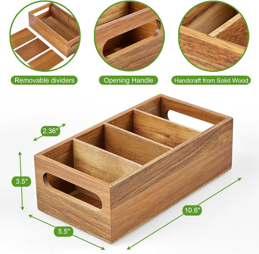 DRASTAR Pantry Organization and Storage Bins, Seasoning Packet Organizer with Removable Dividers,Wooden Storage Caddy for Kitchen, Pantry, Cabinet, Countertop, Acacia