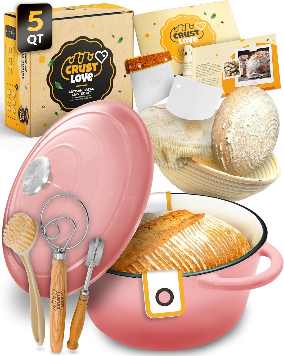 Dutch Oven for Bread Baking - incl. Sourdough Bread-Baking Supplies like Banneton Bread-Proofing Basket - 5QT Enameled Cast Iron Bread-Oven with Lid, Baking Pan, Scoring Tool Lame