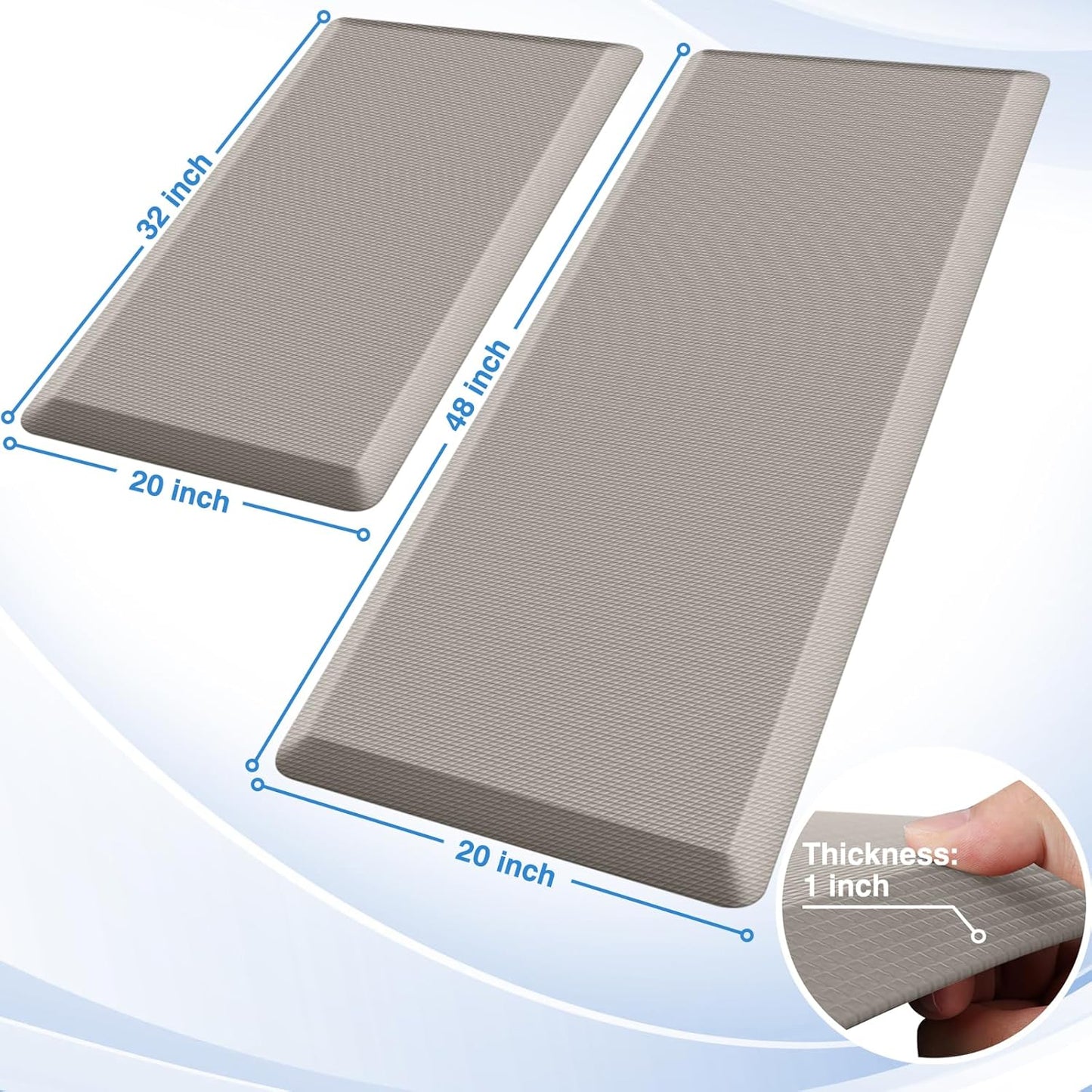 StepRite Kitchen Mats, 2PCS Kitchen Rugs, Cushioned Anti Fatigue Kitchen Mats for Floor, Non-Slip Standing Desk Mat, Waterproof Kitchen Rug Set for Kitchen, 20" x 32"+20" x 48"-Full 1 inch Thick,Khaki