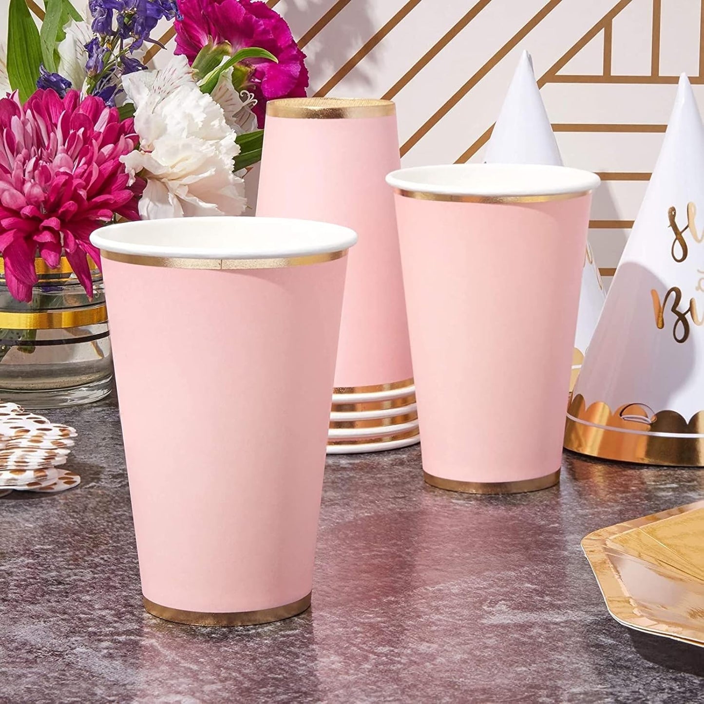 Juvale Pink Party Cups - 12 Oz, 50 Pack, Light Pink & Gold - Disposable Paper Cups for Hot & Cold Beverages - Bridal & Baby Shower
