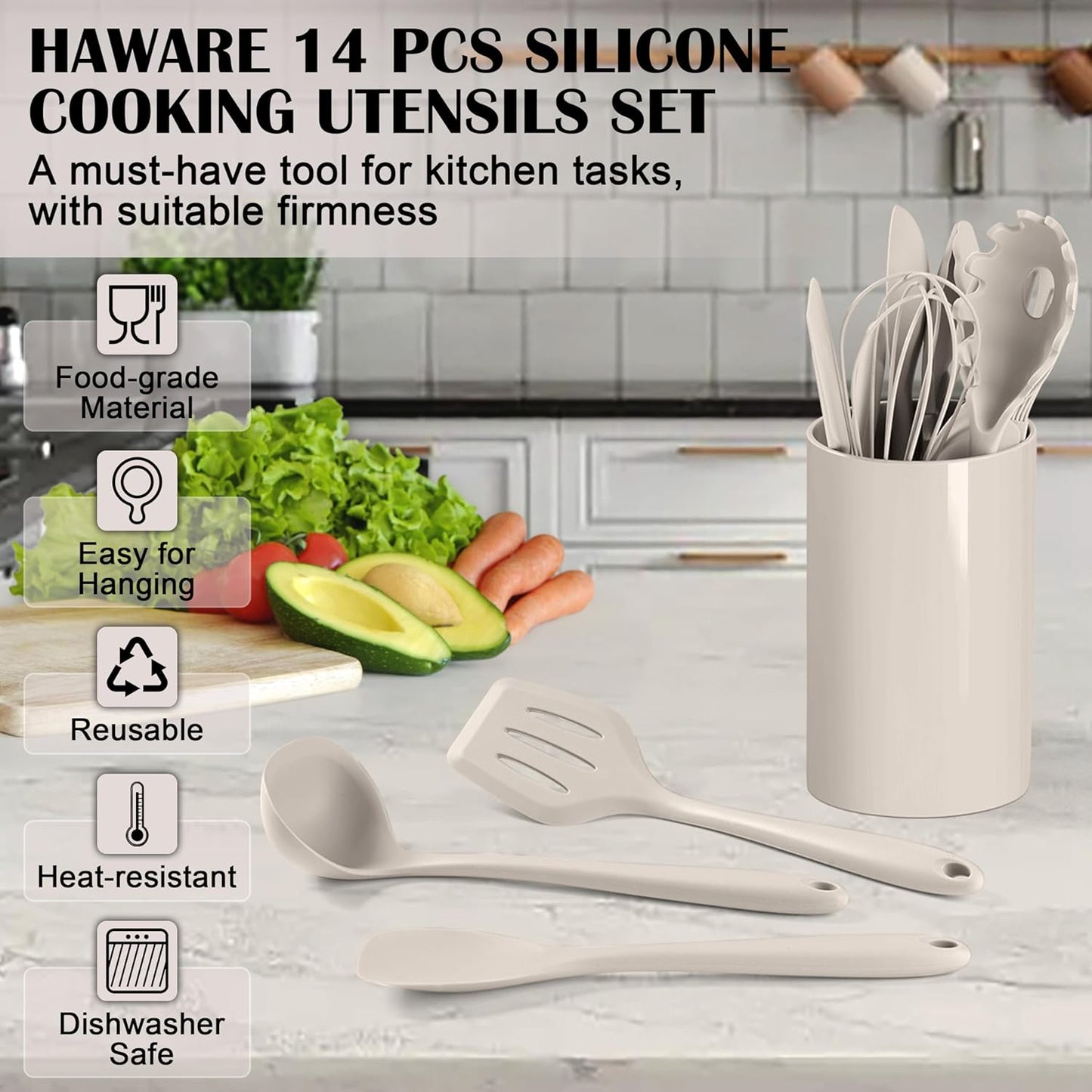 HaWare Kitchen Utensils, 14 PCS Silicone Cooking Utensils Set, Heat Resistant Kitchen Utensils for Non-stick Cookware, Kitchen Gadgets Tools with Spoons, Spatulas, Whisk, Dishwasher Safe (Khaki)