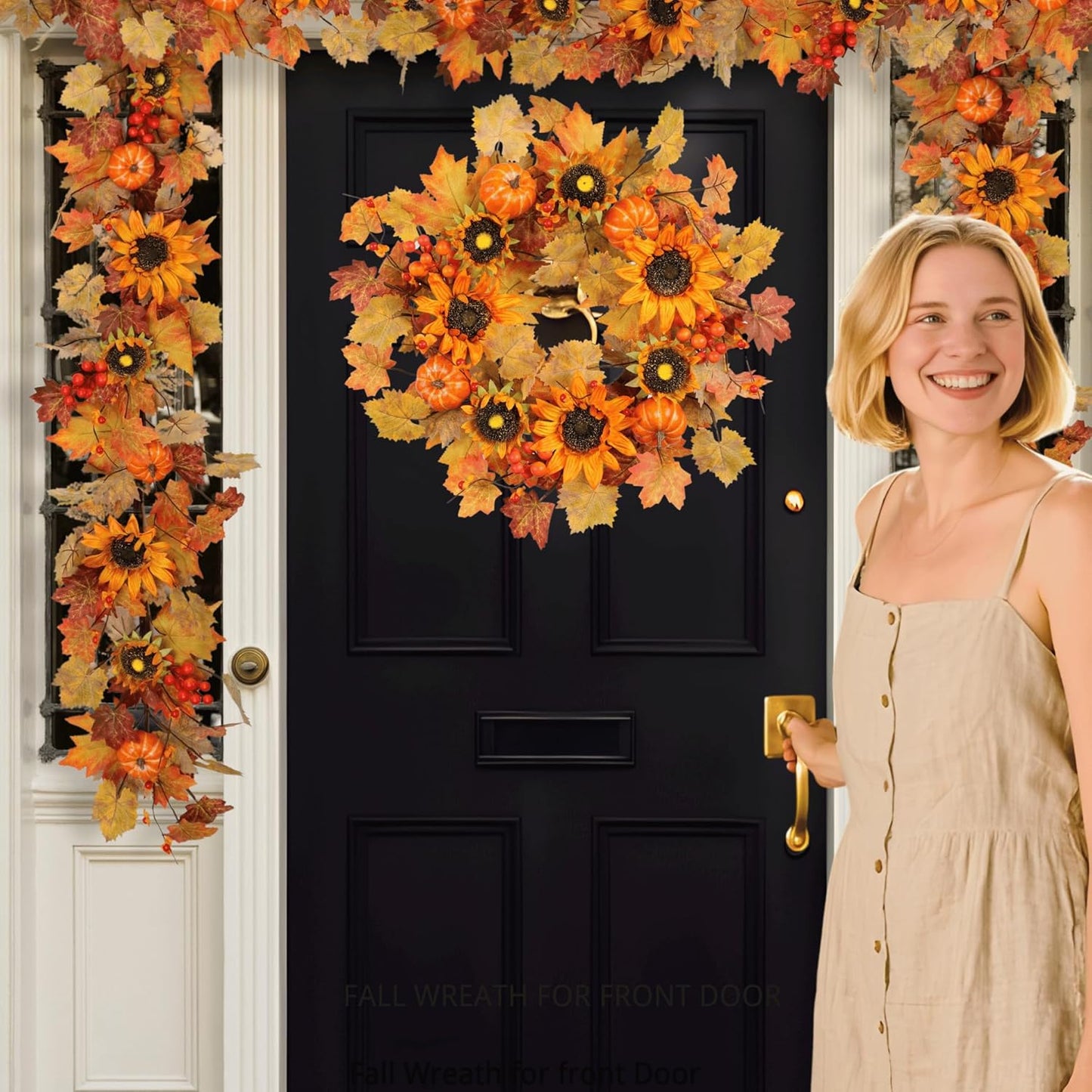 22 Inch Fall Wreath for Front Door with Sunflowers and Pumpkins, Artificial Autumn Harvest Wreath with Maple Leaves & Berries for Thanksgiving Holiday Home Decor Indoor Outdoor