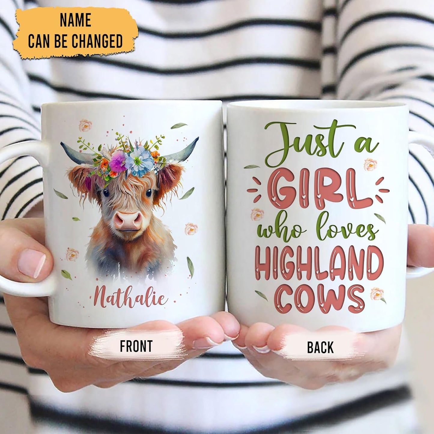 Hyturtle Personalized Gifts Highland Cow Lover - Just A Girl Who Loves Highland Cows Custom Name Ceramic Coffee Mug Cup 11oz - Idea Cute Animal Lover Gifts For Women, Girl On Birthday, Christmas