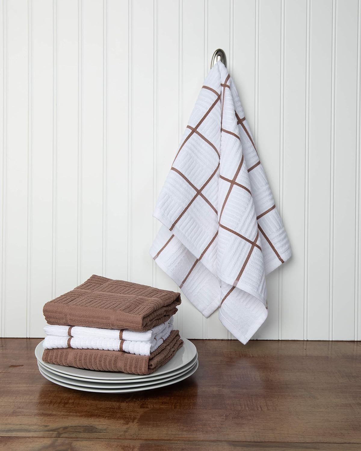 Sticky Toffee Cotton Kitchen Towels Set of 4, Brown and White, 28 x 16 in, Absorbent Reusable Hand and Dish Towels, Tea Towels, Oeko-Tex Cotton