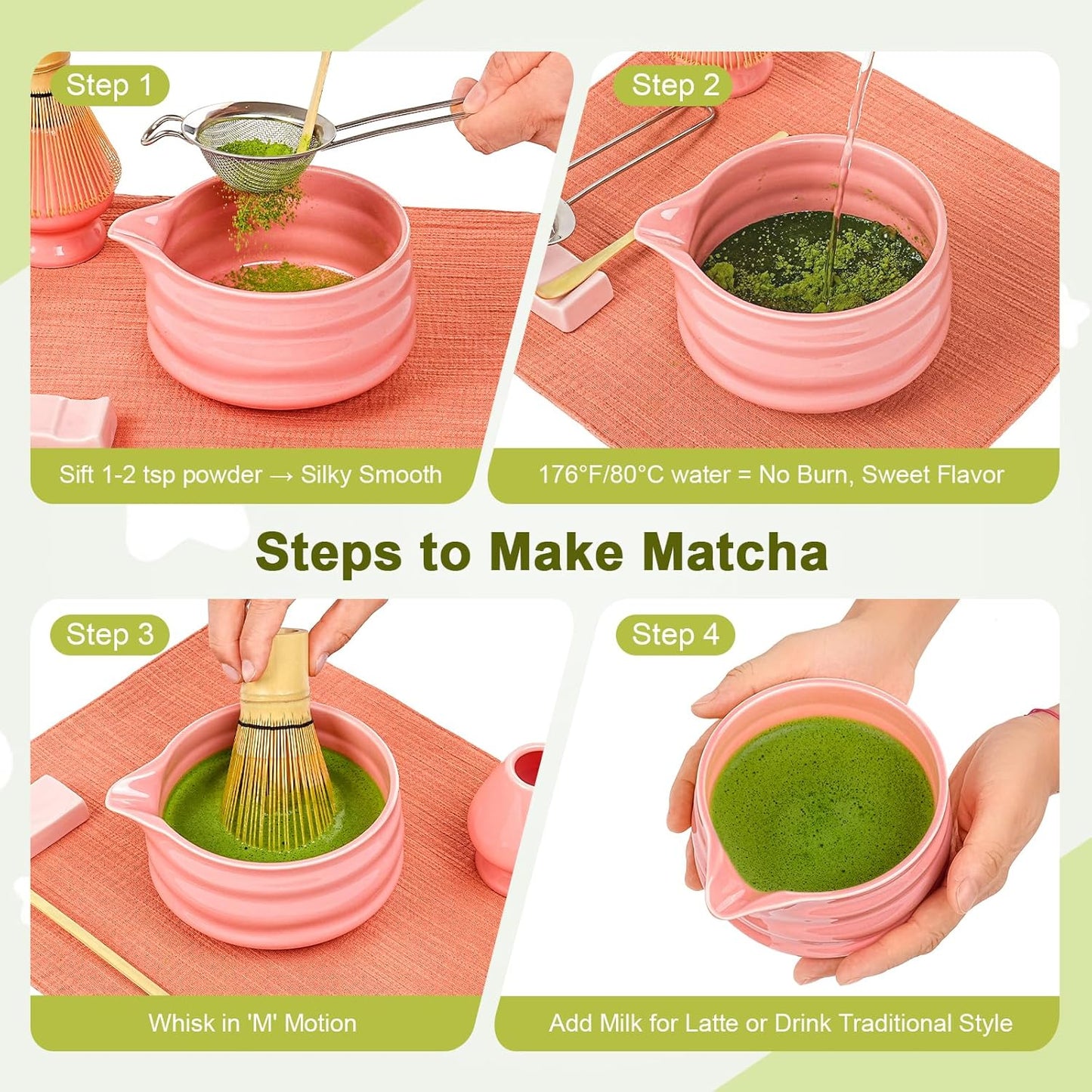 Matcha Whisk Set, 7Pcs Matcha Set - Matcha Bowl with Spout, Handcrafted Bamboo Whisk Chasen & Ceramic Holder, Steel Sifter, Towel, Matcha Kit for Tea Lovers, Timeless Ideal Gift (Pink)