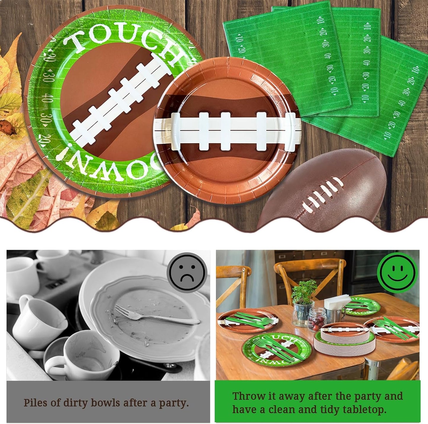 175 PCS Football Party Decorations, Plates and Napkins Sets Includes Plates Dessert Napkins Cups Plastic Knives Forks Spoons Disposable Dinnerware Set For Football Party (25 Guest)