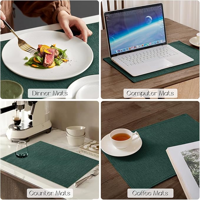 Romanstile Cloth Placemats Set of 6-12 x 18 Inch, Heat Resistant Double Layered Thickened Burlap Christmas Place Mats, Washable Linen Farmhouse Table Mats for Kitchen/Dining/Party/Outdoor, Green