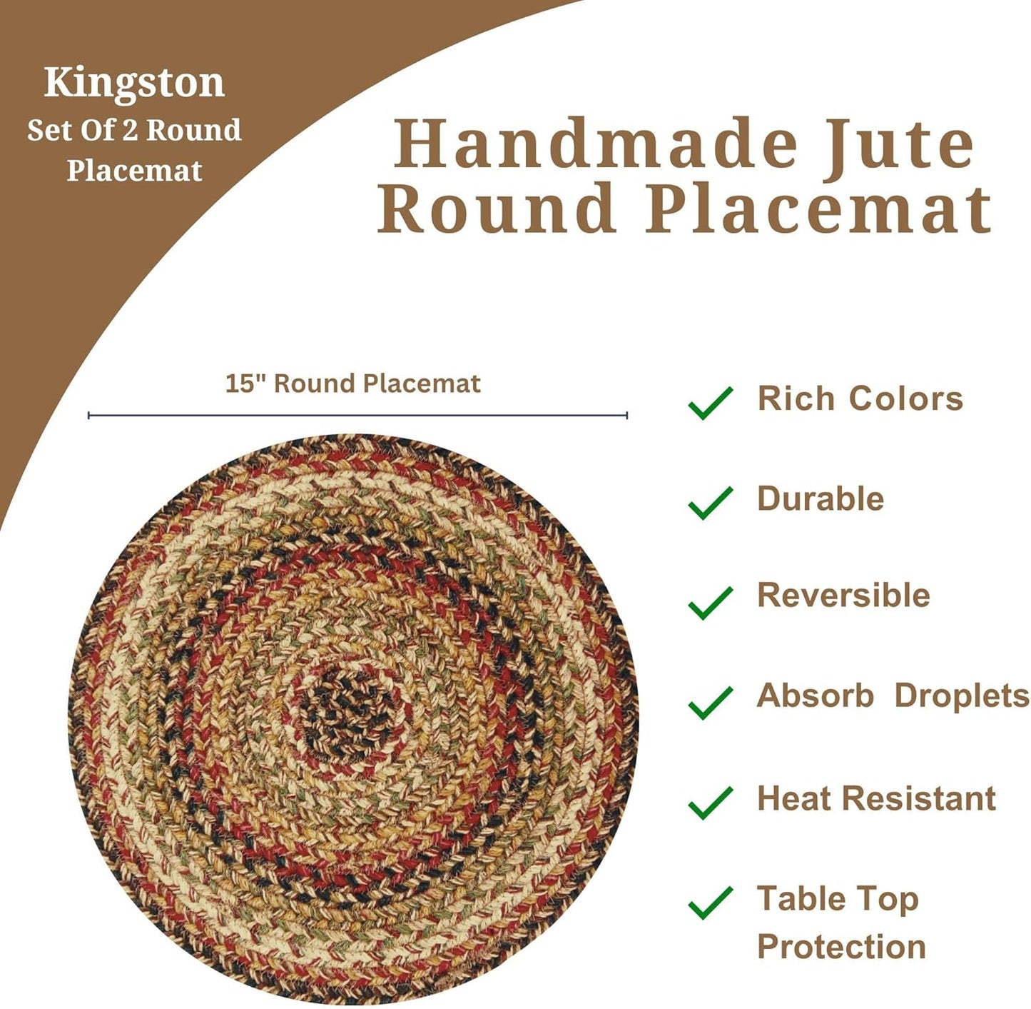 Homespice Kingston Round Braided Placemats, Warm Country Decor, Set of 2, 15", Multicolor Jute Table Mats - Vibrant Colors, Durable, Easy to Clean and Protects Furniture