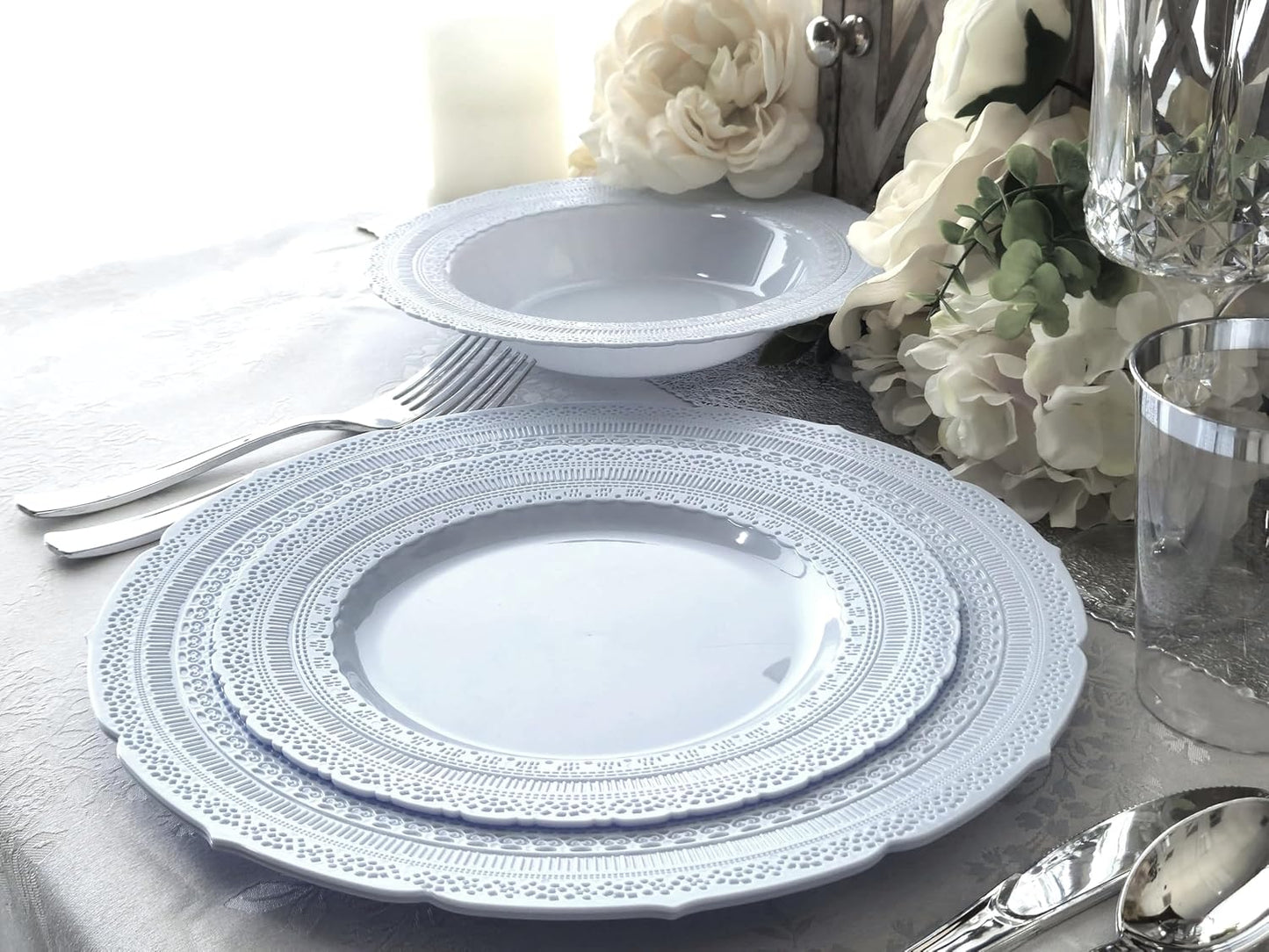 " OCCASIONS " 240 Plates Pack,(120 Guests) Extra Heavyweight Vintage Wedding Disposable/Reusable Plastic Plates 120x11'' Dinner + 120x8.25'' Salad/Dessert Plate (Chateau Blue)