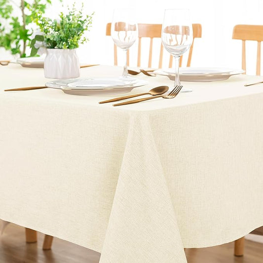 DWCN Rectangle Faux Linen Tablecloth - Textured Waterproof Spill-Proof Wrinkle and Stain Resistant Table Cloth Decorative Fabric Farmhouse Table Cover for Kitchen Dining, 60 x 102 Inch, Champagne