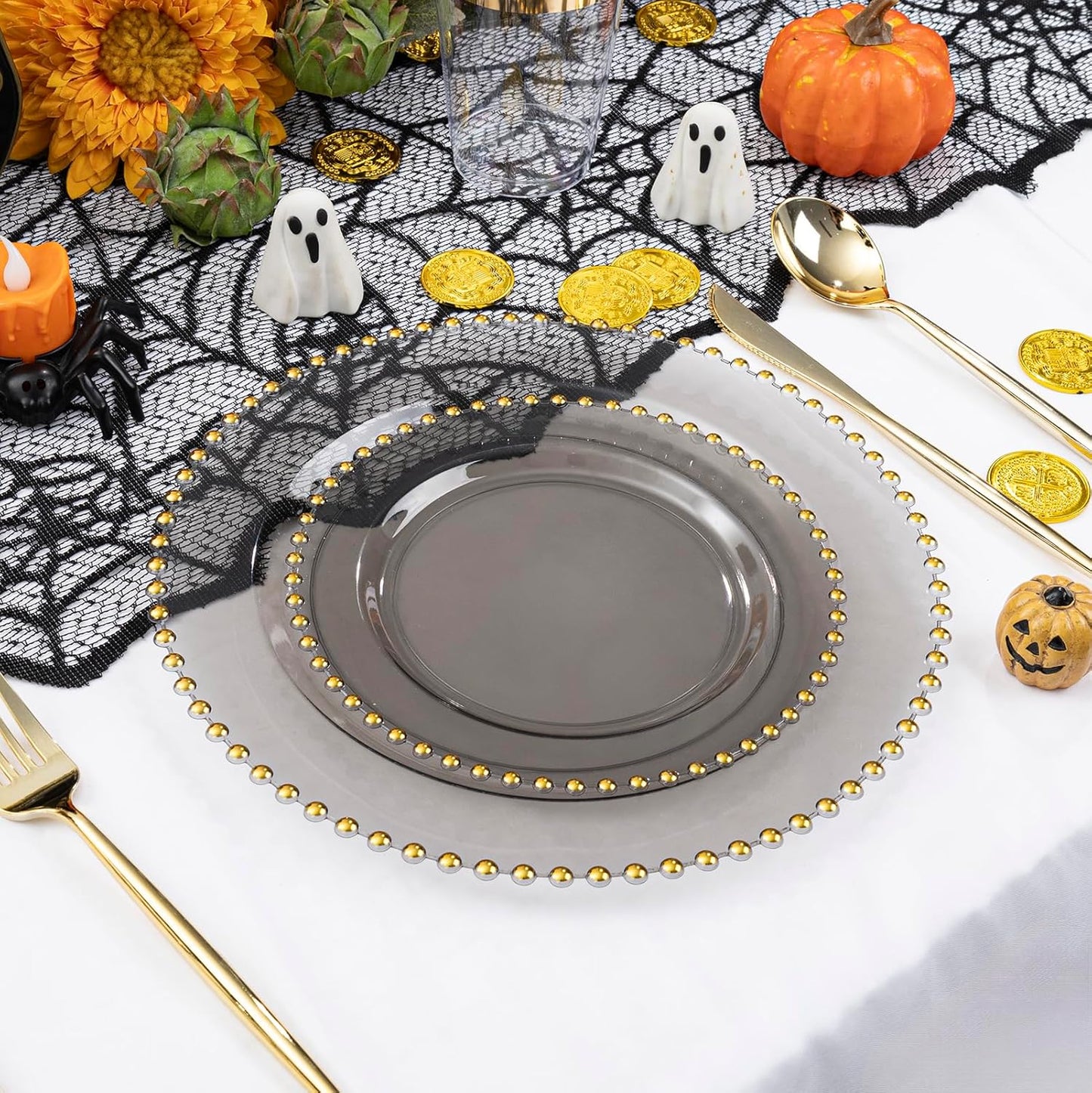 EI 60pcs Black and Gold Plastic Plates Clear with Black Disposable Plates Heavy Duty Gold Plastic Dinnerware Set For 30 Guests Perfect Wedding,Party,Birthday,Anniversary,Halloween