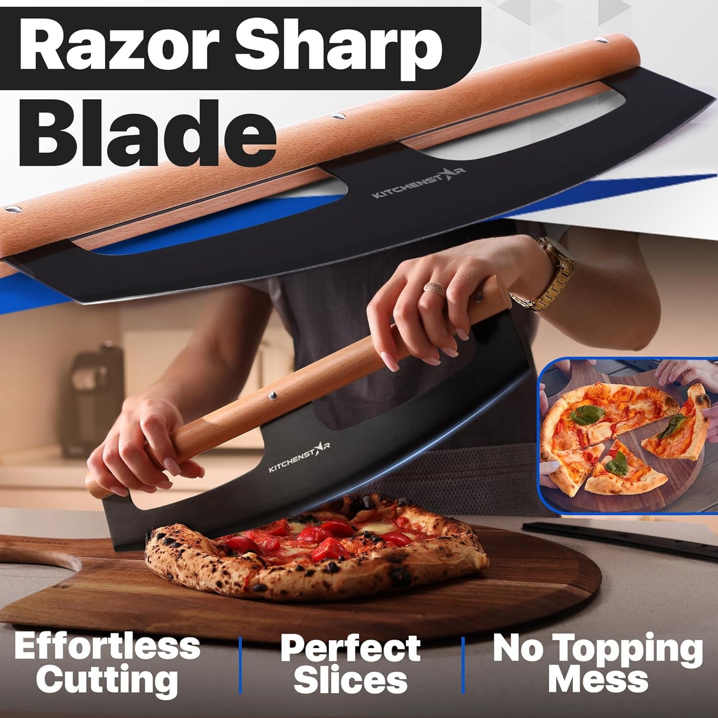 KitchenStar 16-Inch Pizza Cutter Rocker Blade - Razor Sharp Stainless Steel Slicer Knife, Stylish Beech Wood Handle, Protective Cover - Professional Pizza Oven Accessories, Black
