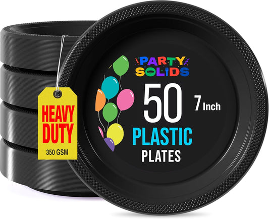 Exquisite Party Solids Black Plastic Plates For Party Supplies 7" Black Disposable Plates Heavy Duty 50 Pcs Plastic Dinnerware Sets Heavy Duty 350 GSM Disposable Dinnerware Set