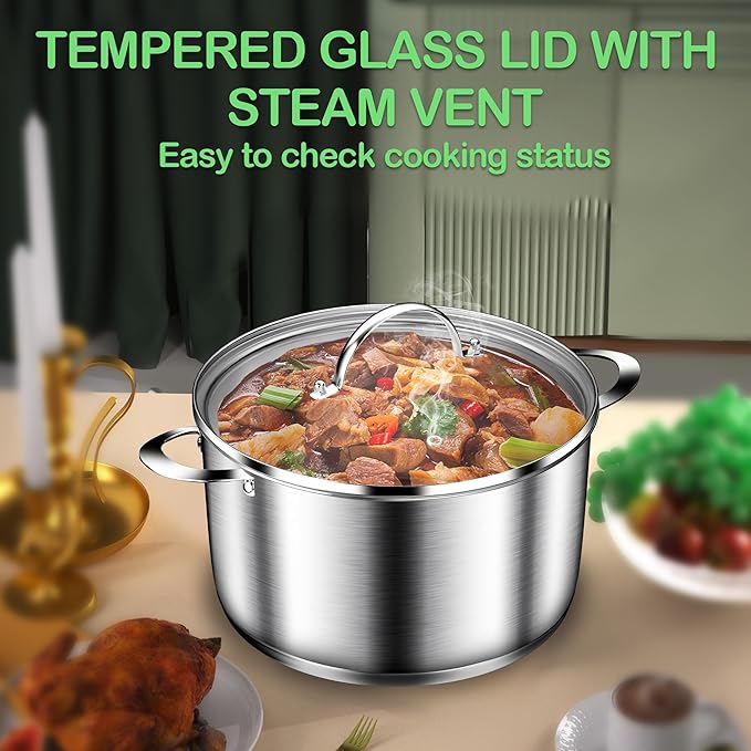 Cooking Pot, Stainless Steel Stock Pot, Soup Pot with Glass Lid, Induction Pots - 8 Quart