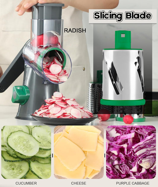 Ourokhome Rotary Cheese Grater Hand Crank, Kitchen Shredder Speed Mandolin Slicer Nuts Grinder with Handle and Drum Blades for Cheese, Vegetable, Walnuts, Chocolate, Potato, Carrot, 3 Blades, Gray