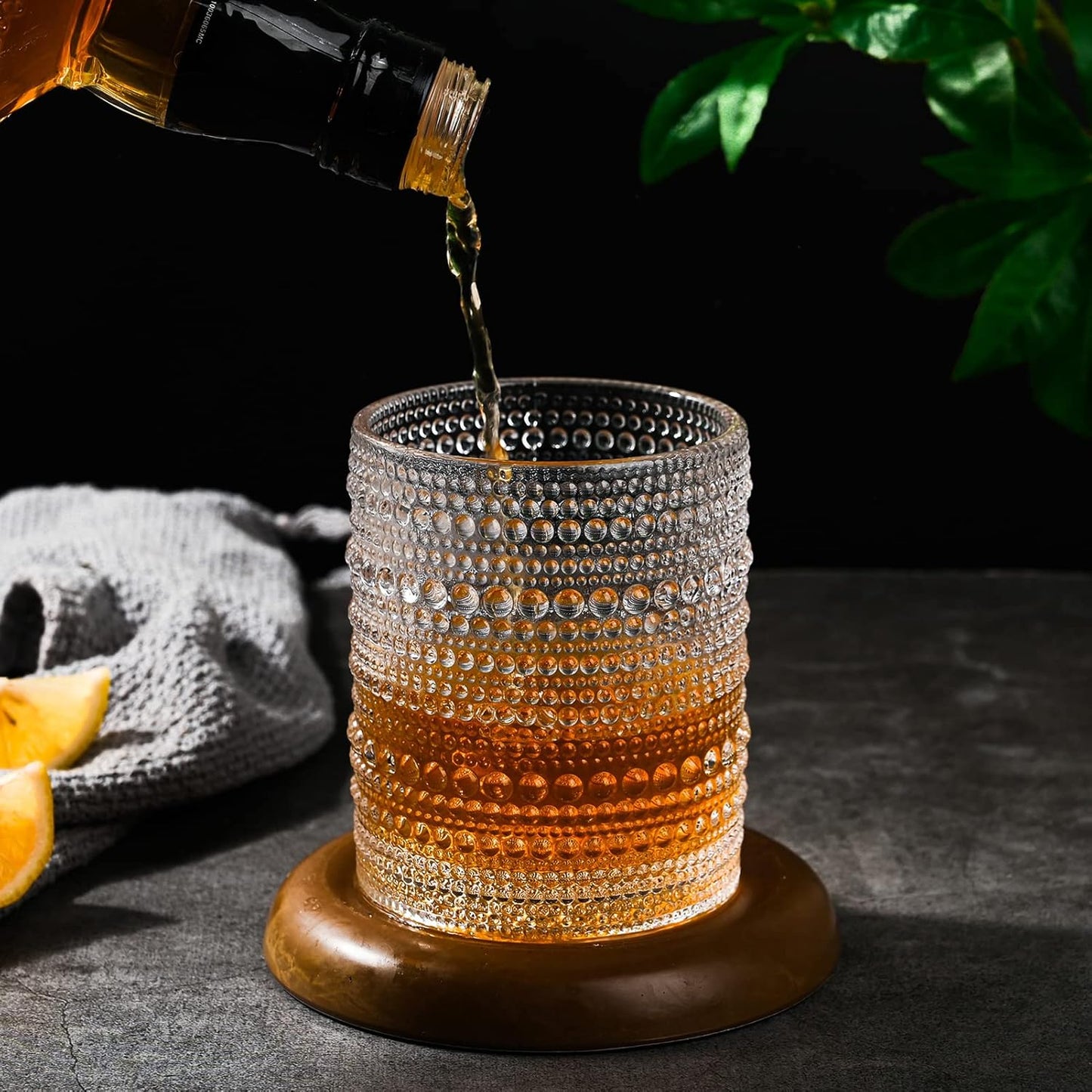 Vintage Glassware Drinking Glasses Set of 6,12 oz Hobnail Glass Cups,Embossed Clear Water Tumbler,for Beer,Cocktail,Whiskey,Juice and Various Mixed Drinks- 1 Cleaning Brush