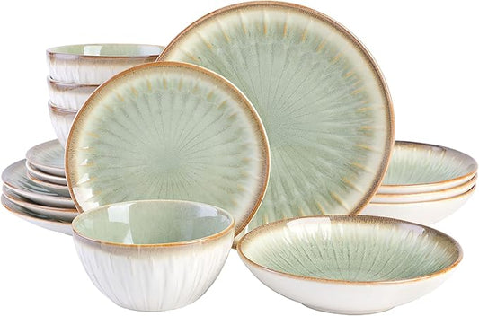 Gibson Elite Mayfair Bay 16-Piece Embossed Double Bowl Dinnerware Set, Service for 4 – Green Stoneware Plates and Bowls