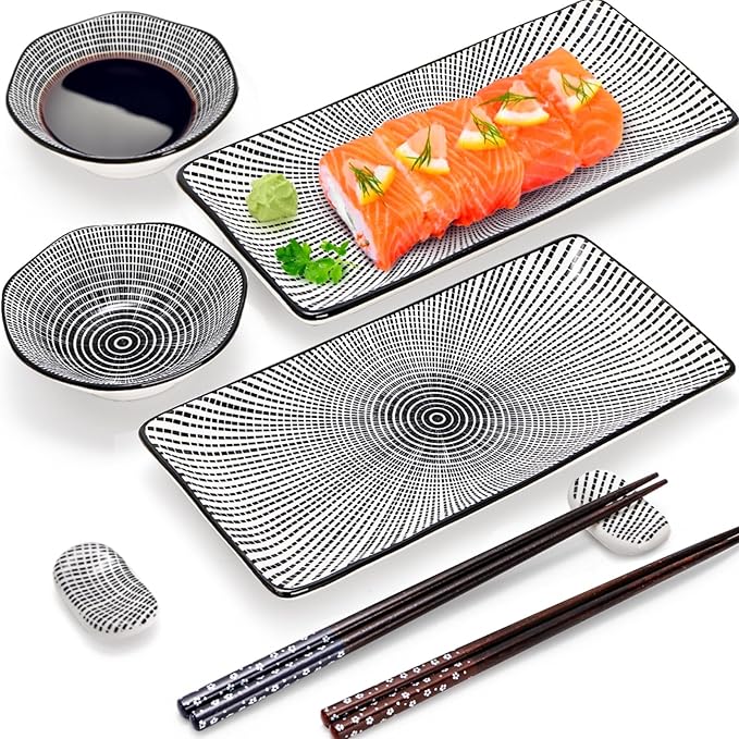 8 Pcs Sushi Plate Set, Ceramic Sushi Serving Set for 2, Japanese Sushi Dinnerware for Wedding Housewarming, Includes 2 Serving Dishes, 2 Sauce Bowls, 2 Pairs of Chopsticks, 2 Chopstick Holders