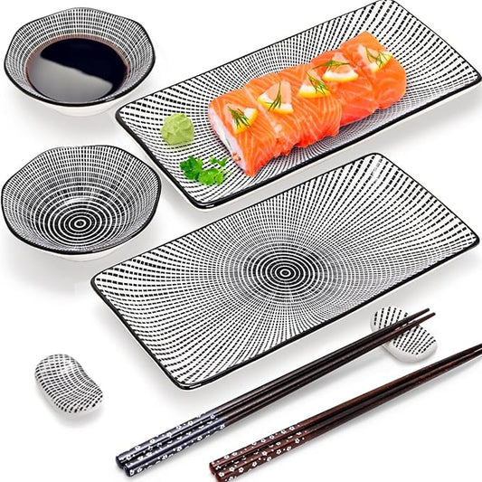 8 Pcs Sushi Plate Set, Ceramic Sushi Serving Set for 2, Japanese Sushi Dinnerware for Wedding Housewarming, Includes 2 Serving Dishes, 2 Sauce Bowls, 2 Pairs of Chopsticks, 2 Chopstick Holders