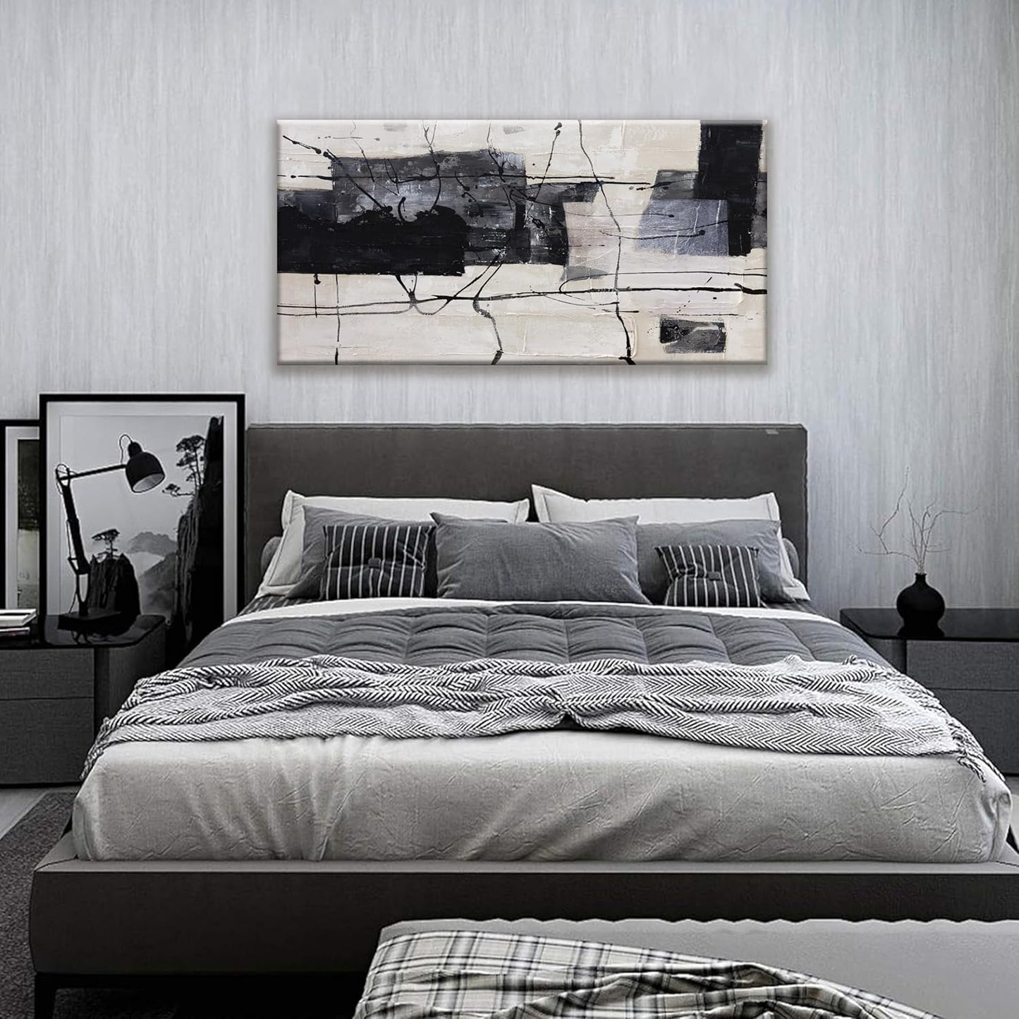 Black Abstract Wall Art prints Decor Grunge Room Decor Art Canvas Wall Decoration 24" x 48" Painting Black And White Artwork for Bedroom Home Office Dining Room Decor